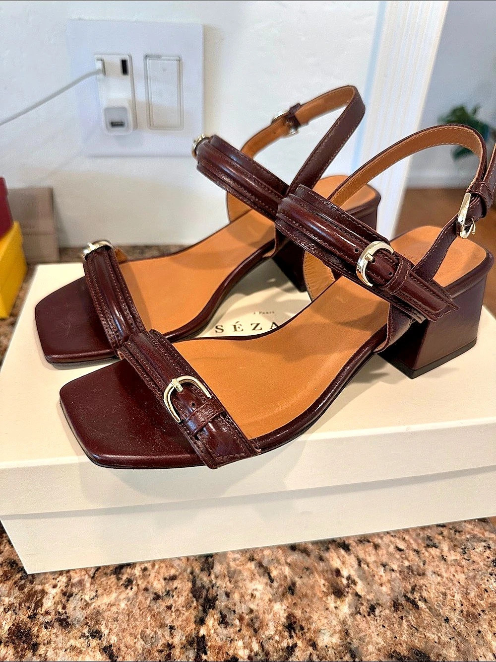 Sezane Ilaria Chocolate Lisse Leather Heeled Sandals. Like New